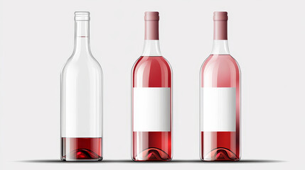 Red wine in glass bottle front, top and bottom view. Vector realistic mockup of clear glass bottle with blank white label full of cabernet, merlot or bordeaux isolated on transparent background