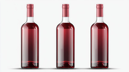 Red wine in glass bottle front, top and bottom view. Vector realistic mockup of clear glass bottle with blank white label full of cabernet, merlot or bordeaux isolated on transparent background