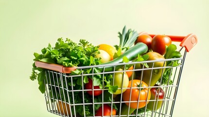 a shopping cart filled with fresh green vegetables and fruits against a light green background, space for copy