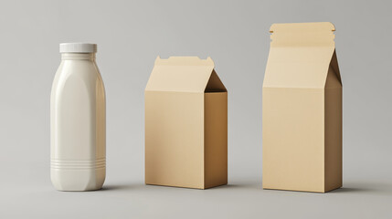 Craft carton pack for milk or juice, brown cardboard box in front and angle view. Vector realistic 3d mockup of blank eco package with cap cap for drink and dairy beverage isolated on background