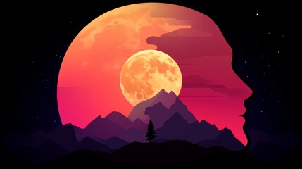 A captivating illustration of a person's profile silhouetted against a vibrant sunset, featuring a large moon and majestic mountains.