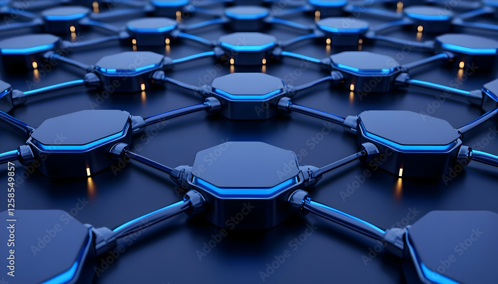 Aufkleber interconnected nodes glowing blue on a dark surface, used for networking or data connections