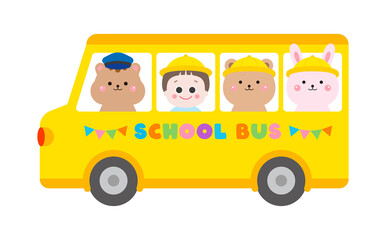 Cute squirrel driver, kindergarten children, bear and rabbit riding on yellow school bus.