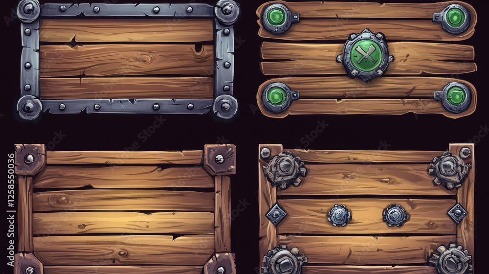 Poster wooden game interface board vector set. cartoon button icon with metal frame texture isolated on dar