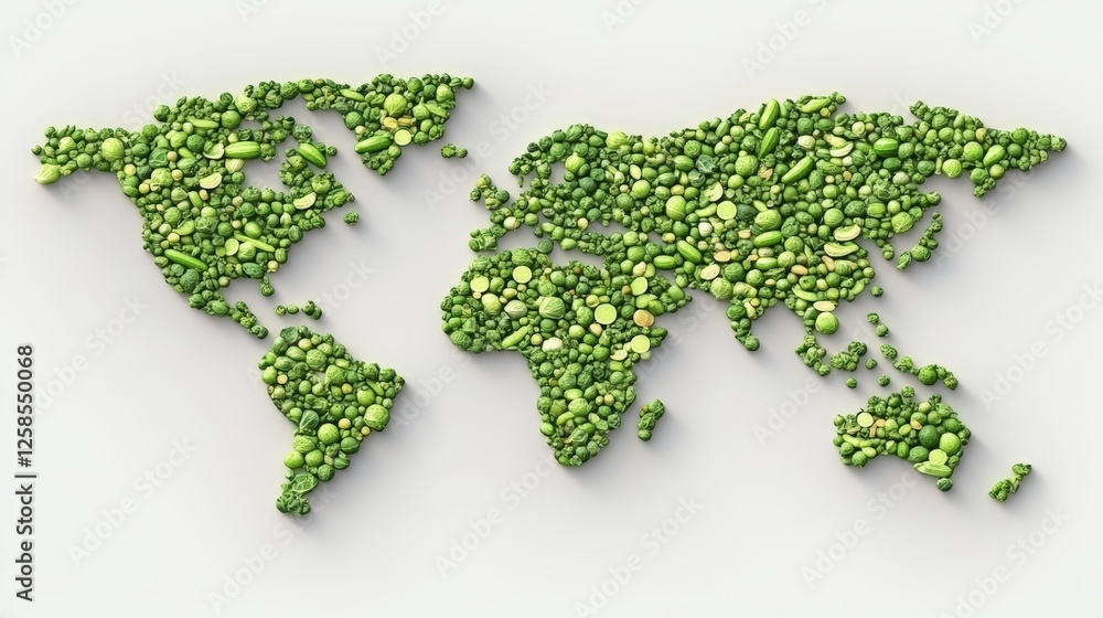Aufkleber world map created using peas and vegetables arranged in various shapes and colors on a flat surface