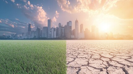 Urban drought a stark contrast of green fields and cracked earth cityscape environmental awareness late afternoon climate change