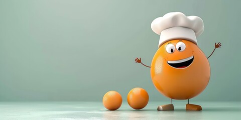 Over a pale green setting, an adorable animated apricot sporting a chef's hat with a joyful expression depicts cooking and healthy life lovely hue and space, Generative AI.