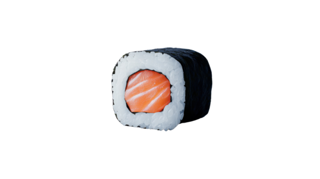 Fresh salmon maki roll rotating on transparent background