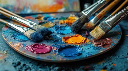 Fototapeta premium Paintbrushes rest on a vibrant artist's palette.