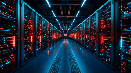 Fototapeta premium Futuristic Data Center Corridor with Glowing Servers