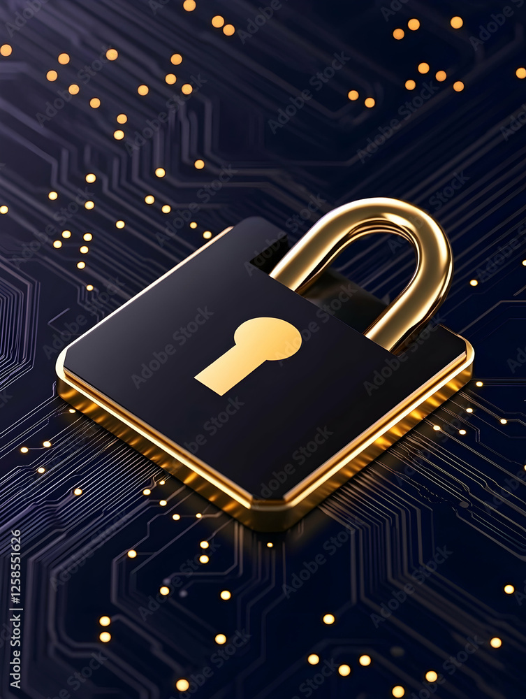 Poster lock on circuit board data security concept for business, network security, cybersecurity use