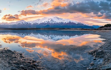 Mount Cook reflected in the tranquil waters of Lake Pukaki, snowcapped peak, stunning alpine landscape, New Zealand s highest mountain, beautiful travel destination