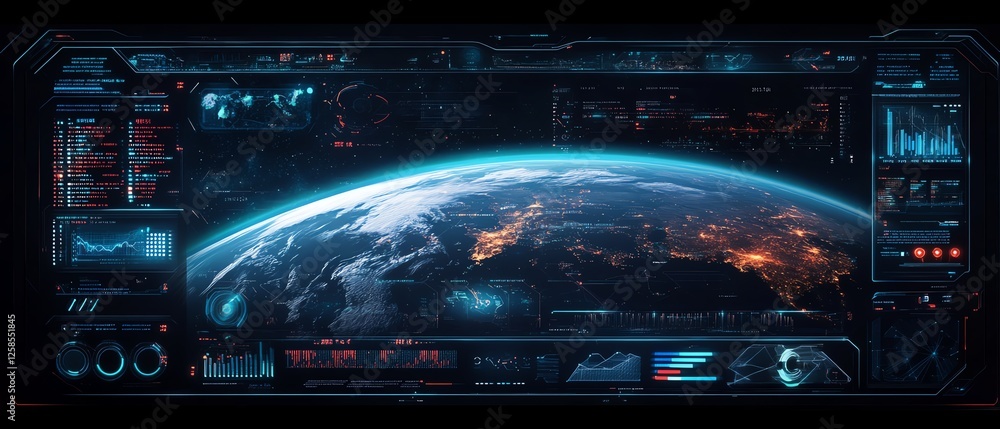 Poster advanced digital hud hologram displaying earth from space, hightech interface design, glowing elemen