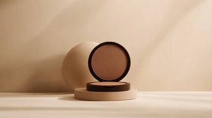 compact bronzer with a soft shadow pattern, minimalist beige background, generative ai