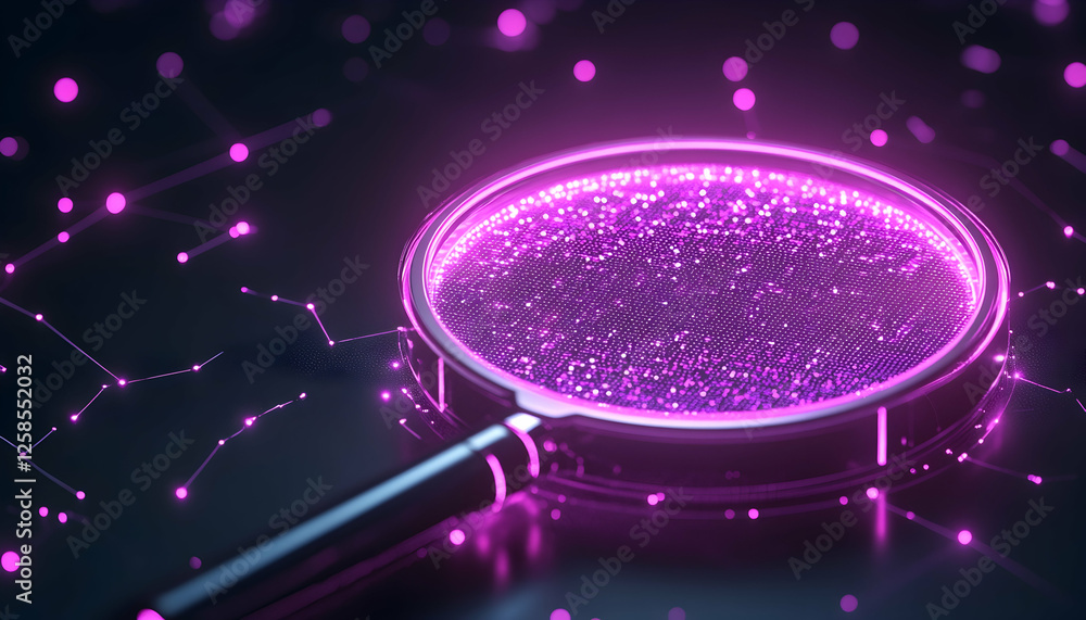 Poster magnifying glass illuminates data network on circuit board. use tech, analysis