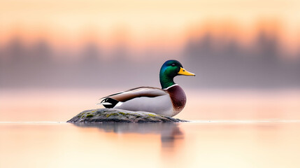 Obraz premium Mallard duck rests on a rock in water, sunrise in background. Nature photography