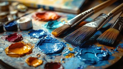 Fototapeta premium Colorful paint palette with brushes, artistic creation.