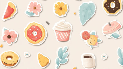 Tape adhesive sticker cute scrapbook paper vector. Isolated sticky strip pattern label set with torn edge. Pizza, donut, flowers, leaves and coffee border elements clipart collection for print craft