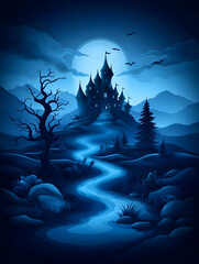 Fototapeta premium Majestic castle sits atop a hill. Mystical, dark, winding path leading. Fantasy realm. Use Illustration