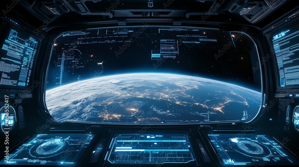 Poster earth view from space on digital display hud screen, futuristic technology interface, hologram eleme