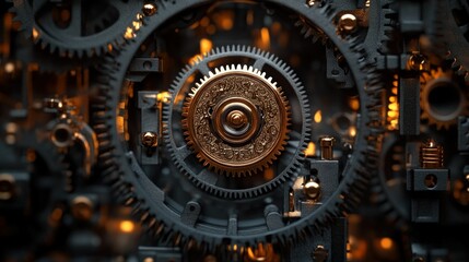 Intricate golden gears meshing in dark mechanism