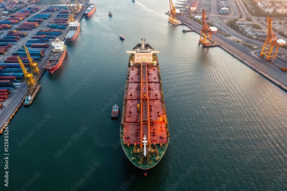 Poster aerial view of large cargo ship navigating through busy shipping port with containers and cranes