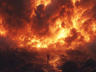 Naklejka premium a dramatic, fiery eruption with lava and smoke billowing upwards, casting an intense orange glow. In the foreground, a person stands on a rocky ledge, observing the volcanic activity.
