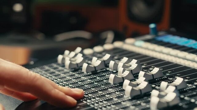 Sound engineer in studio making music, asian popular DJ working in radio broadcasting studio or music producer working in recording studio, rehearsal room, audio production with mixer.