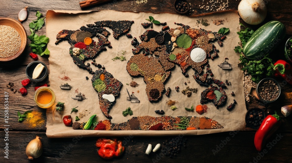 Aufkleber world map created with colorful spices and grains arranged on a flat surface for culinary art displa
