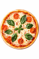 Margarita pizza top view on a white table. Culinary background. Italian. Food photography
