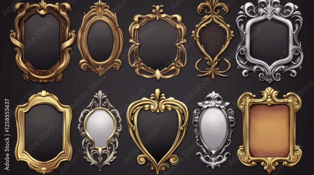Poster fantasy decoration game ui frame for avatar or menu banner. golden, wooden and silver oval and recta