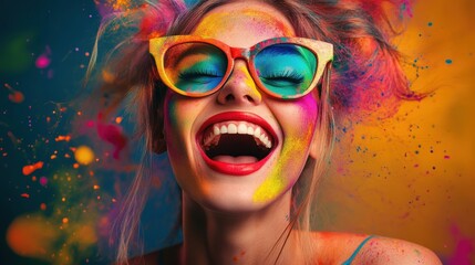 Radiant woman bursting with exuberance under a vivid spectrum of colors