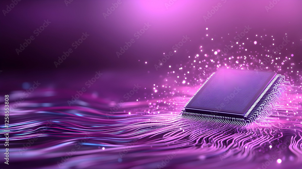 Poster microchip data flows in purple light; futuristic network for ai, design template