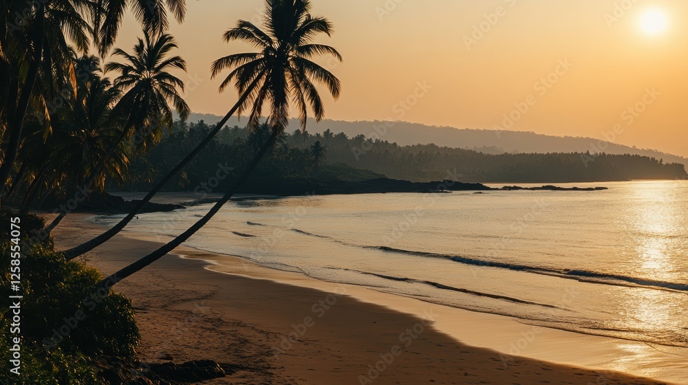Leinwandbilder serene beach view with sunset and swaying palm trees along the coastline of a tropical location in t