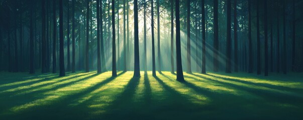 Peaceful forest scene with sunlight filtering through trees.