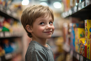 Smiling Child Teen Baby Exploring Colorful Toy Store Aisles full shelves, Generative AI