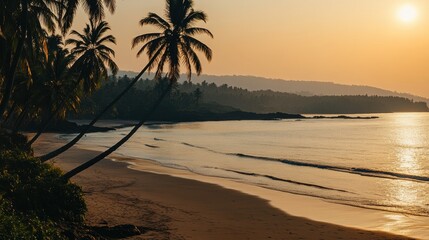 Fototapeta premium Serene beach view with sunset and swaying palm trees along the coastline of a tropical location in the evening. Generative AI