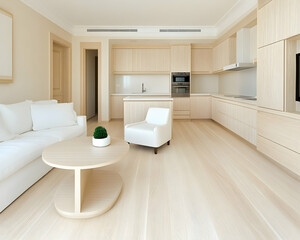 Modern, light wood interior kitchen-living room with white sofa, chair, table. Home concept