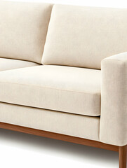 Modern light beige couch, close-up view, in a bright room. For home decor or furniture advertising