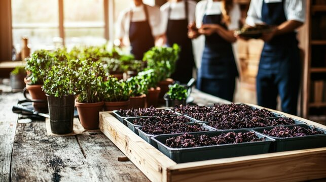 Table with various plants in containers for zero waste cooking classes with chefs teaching techniques