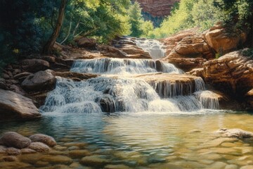 A serene forest scene with lush greenery, where the sunlight filters through tall trees