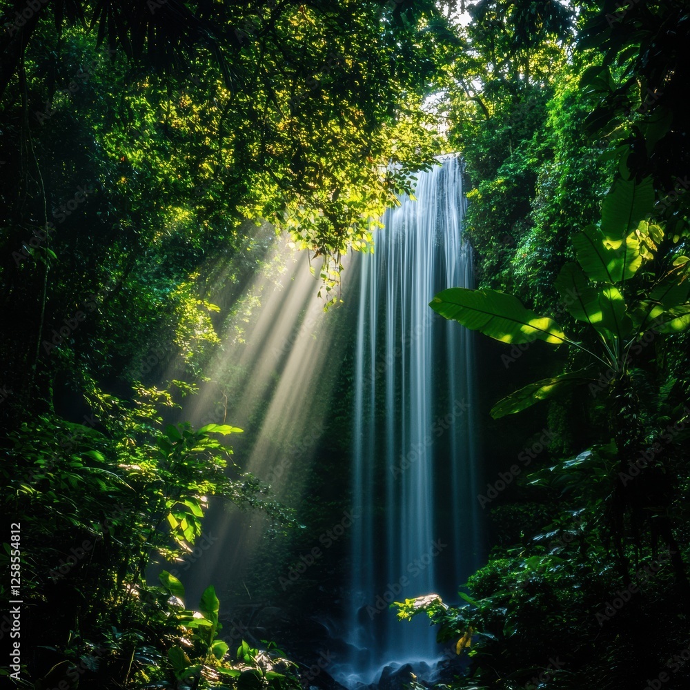 Aufkleber lush tropical waterfall cascading through dense greenery with sunlight filtering through the trees i