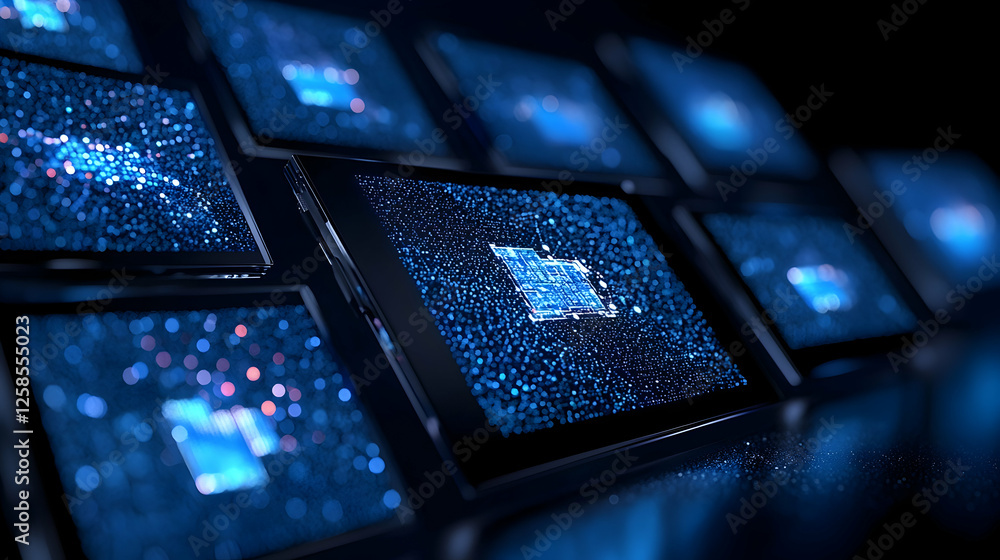 Poster multiple tablets showing circuit boards displayed on dark surface for technology presentation
