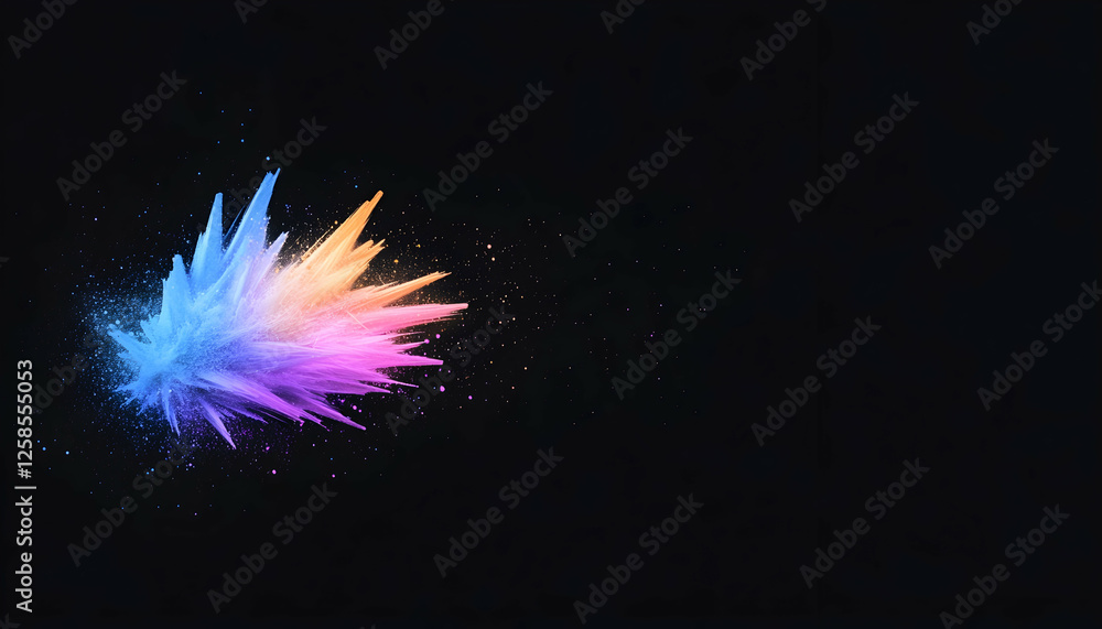 Poster multicolored powder explosion with particles on dark background for abstract art or product backdrop