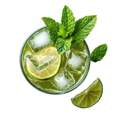 Glass of mojito cocktail with lime and mint leaves on white background product photography professio