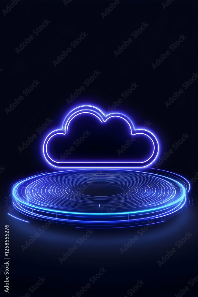 Poster neon cloud on platform with blue lights in dark background; abstract tech concept for web ads