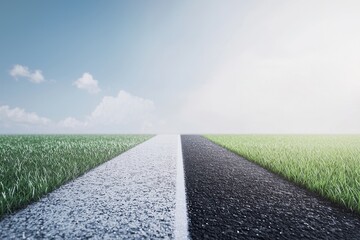 Transitioning landscapes a split path of grass and asphalt under a bright sky