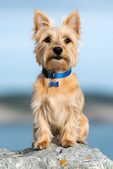 Norfolk Terrier sitting on rock outdoors in nature, wearing a blue collar. Dog adoption use