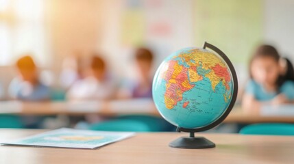 Colorful globe on desk in classroom with children learning.