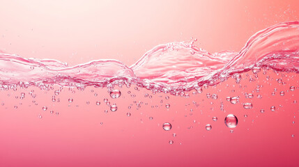 Red water splash wave with air bubbles and sparkles. Dynamic motion of liquid with, pure hydration element for cosmetics or drink ad isolated on pink background. Realistic 3d vector illustration